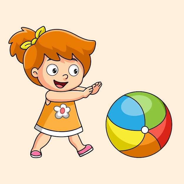 Una niña linda de dibujos animados jugando a la pelota de colores