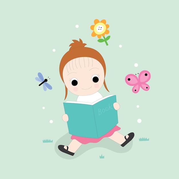 Vector niña linda de dibujos animados está leyendo un libro