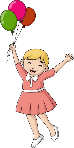 Una niña linda de dibujos animados volando con globos
