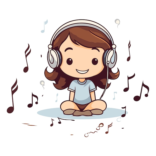 Vector una niña linda escuchando música con auriculares eps10