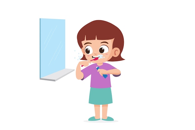 Una niña linda se está cepillando los dientes ilustración vectorial