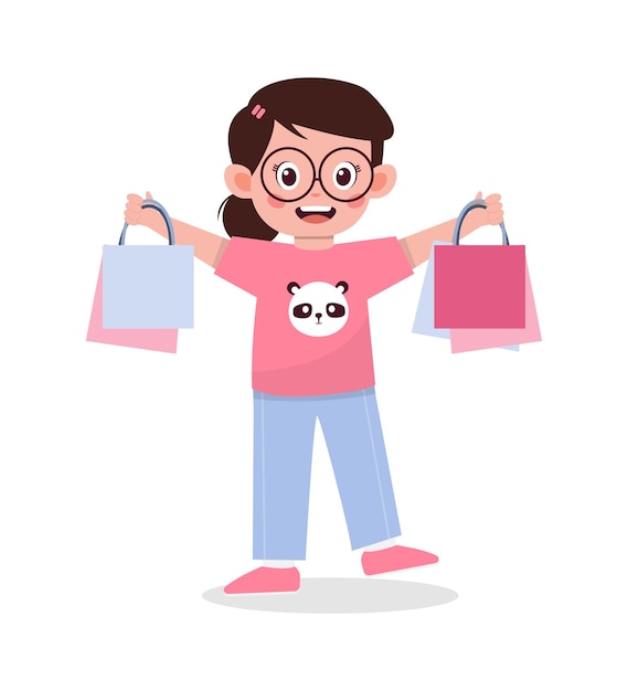 La niña linda feliz lleva muchas bolsas de compras ilustración de dibujos animados