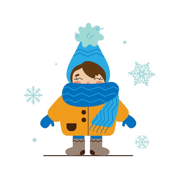 Niña linda feliz en tela de invierno Copos de nieve cayendo