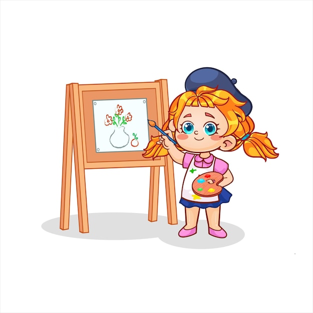 Niña linda felizmente practicando dibujo con una sonrisa