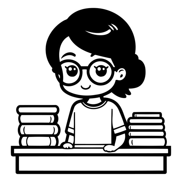 Vector una niña linda con gafas sentada en la estantería de libros ilustración vectorial