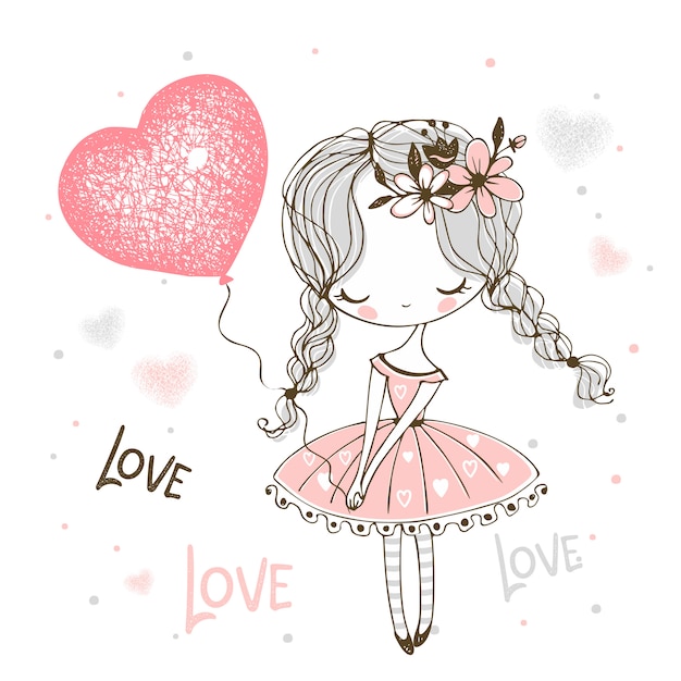 Niña linda con un globo en forma de corazón. Enamorado.