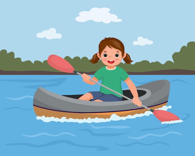 Una niña linda haciendo kayak en el río.