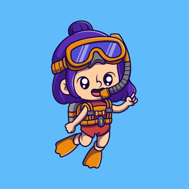 Vector una niña linda haciendo snorkel en una ilustración de dibujos animados estudiar el concepto de icono estilo plano de dibujo animado