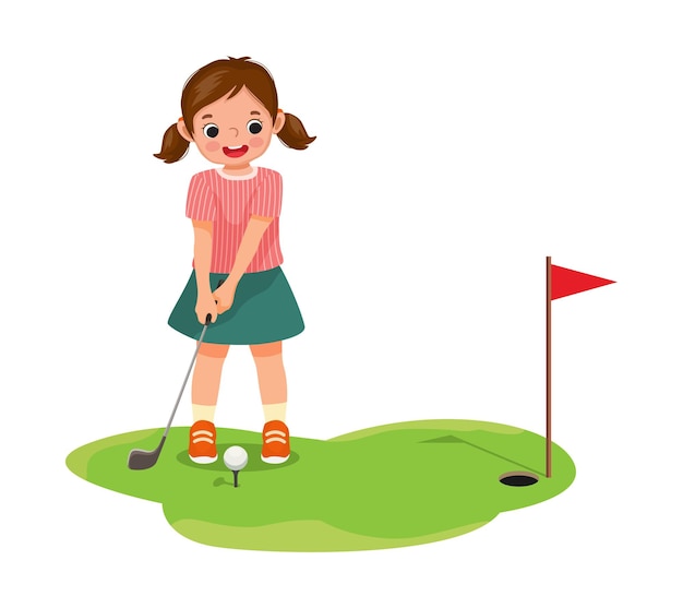 Niña linda jugando al golf lista para golpear la pelota apuntando al hoyo