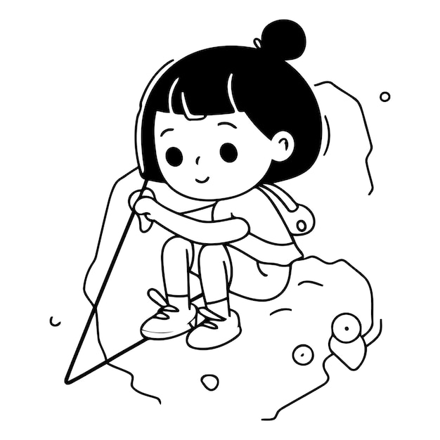 Vector una niña linda jugando a escalar rocas al estilo de las caricaturas.