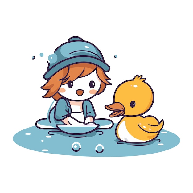 Vector una niña linda lavando su pato en el agua ilustración vectorial