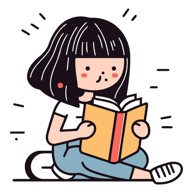 Una niña linda leyendo un libro al estilo de dibujos animados.