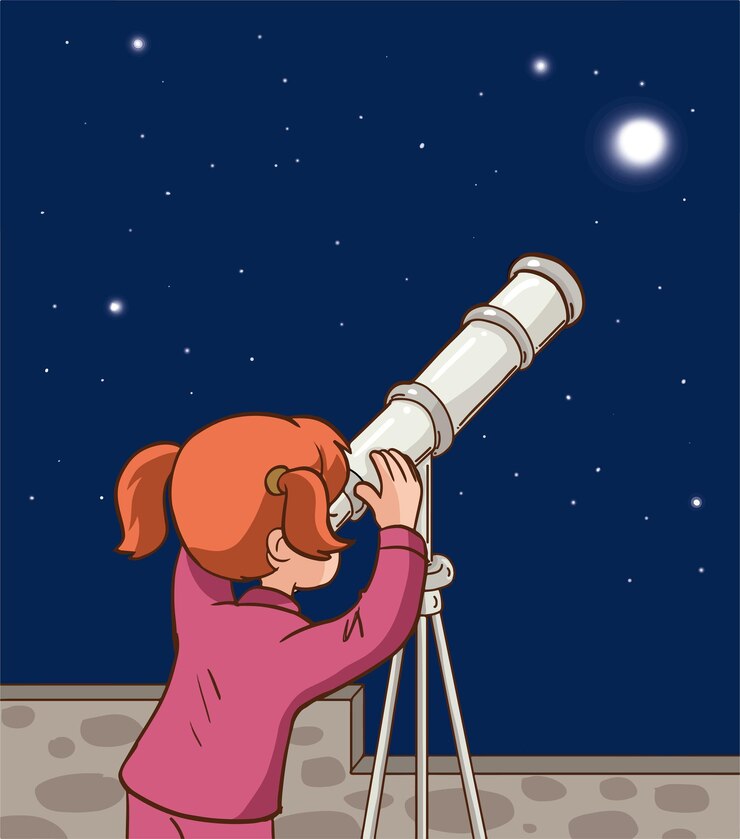 Vector niña linda mirando a través del telescopio en la ilustración de vector de dibujos animados de noche