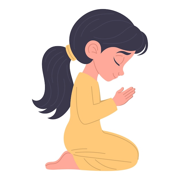 Una niña linda orando de rodillas con una ilustración vectorial dibujada a mano