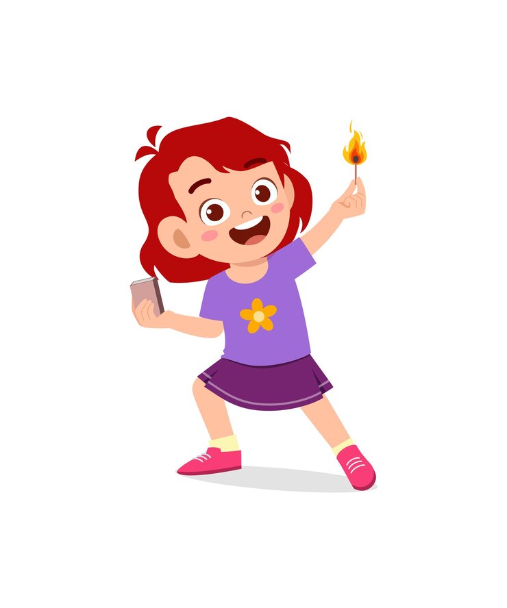 Vector niña linda con palo de fósforo con fuego