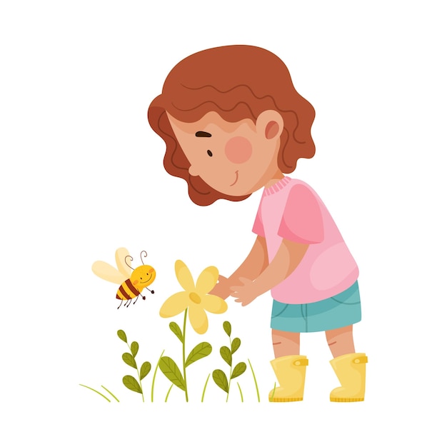 Niña linda de pie y explorando la flora y la fauna Ilustración vectorial