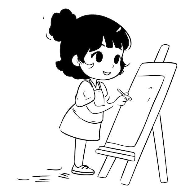 Una niña linda pintando en un caballete ilustración de dibujos animados vectorial