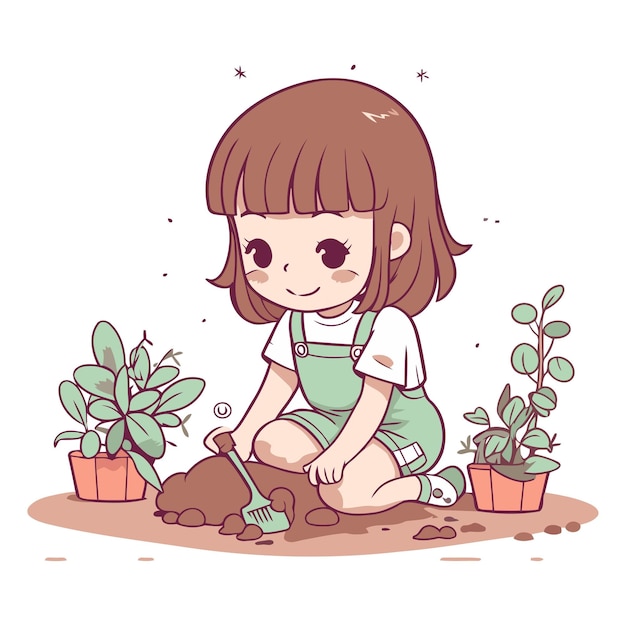 Una niña linda plantando flores en el jardín.