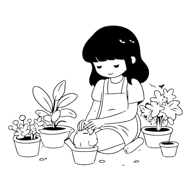 Una niña linda plantando plantas de interior al estilo de las caricaturas.