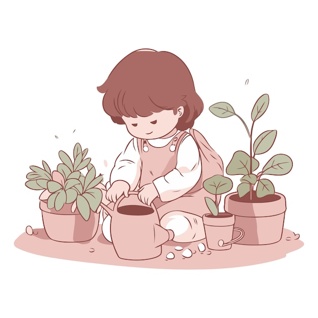 Una niña linda regando plantas de interior Ilustración vectorial dibujada a mano