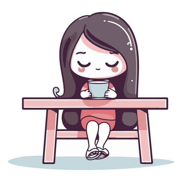 Vector una niña linda sentada en un banco y bebiendo café.