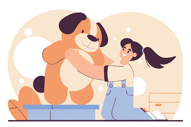 Una niña linda sosteniendo un juguete de peluche grande ilustración plana vectorial