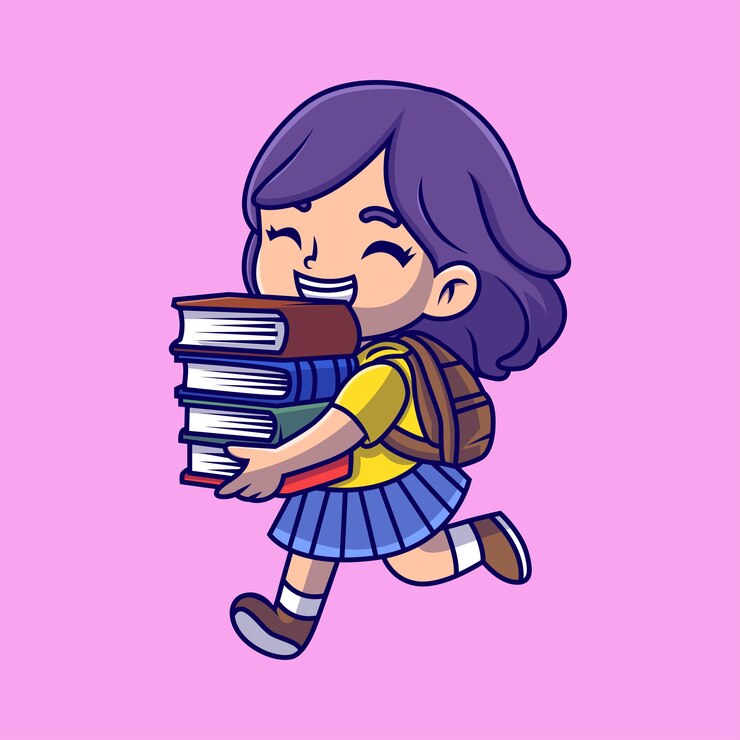Una niña linda sosteniendo libros ilustración de dibujos animados Estudio concepto de icono Estilo de dibuyos animados plano