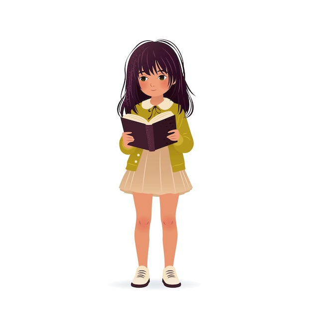 Una niña linda sostiene un libro en sus manos y lo lee ilustración vectorial aislada en blanco