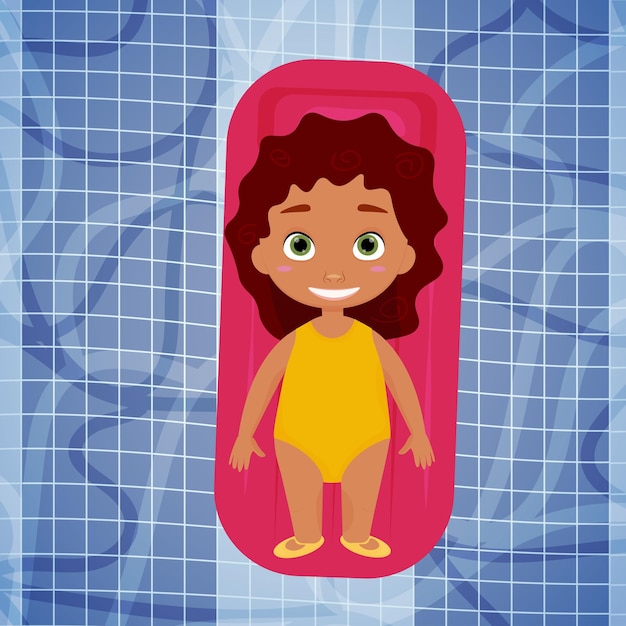 una niña linda en traje de baño amarillo nadando en un colchón inflable en la piscina vacaciones de verano vector