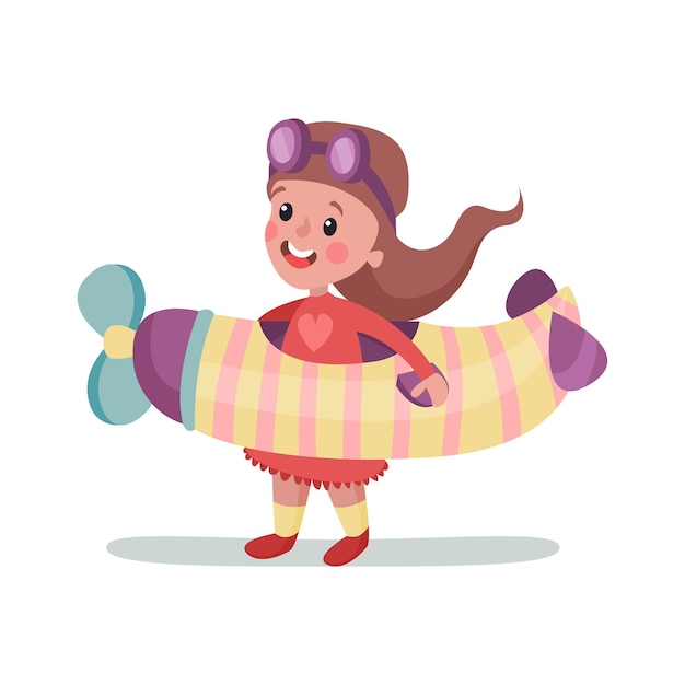 Niña linda en traje de piloto jugando con avión de juguete, niño soñando con convertirse en un vector de astronauta ilustración sobre un fondo blanco