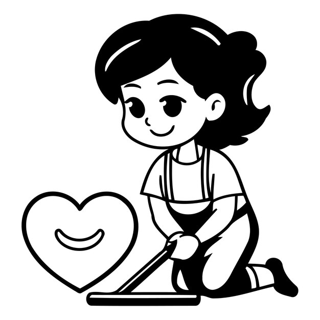 Una niña linda usando una tableta con un corazón Ilustración vectorial