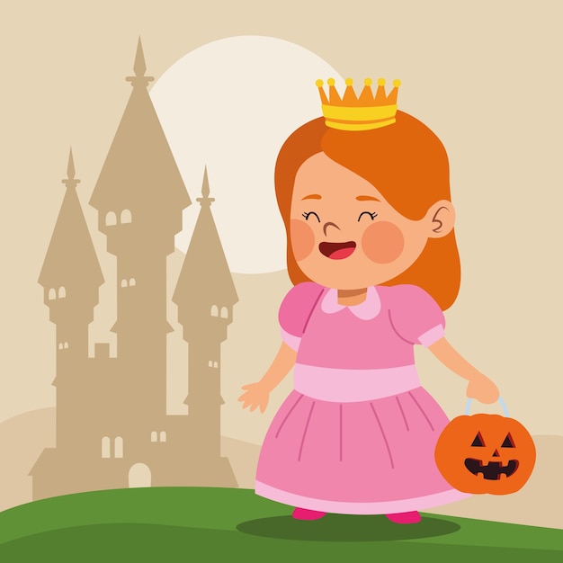 Niña linda vestida como un personaje de princesa y diseño de ilustración de vector de castillo