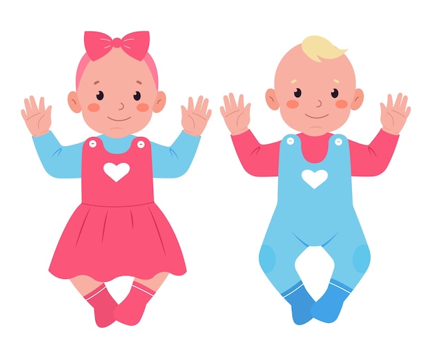 Una niña linda en un vestido rosa con un lazo en la cabeza y un niño en ropa azul
