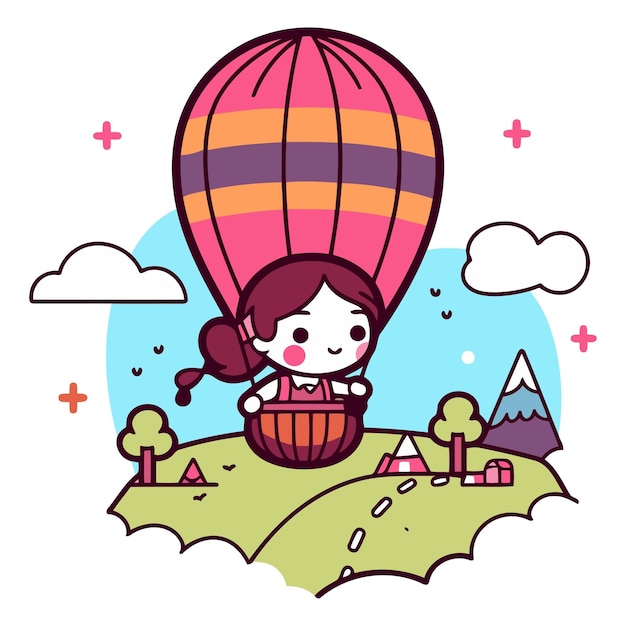 Vector una niña linda volando en un globo aerostático