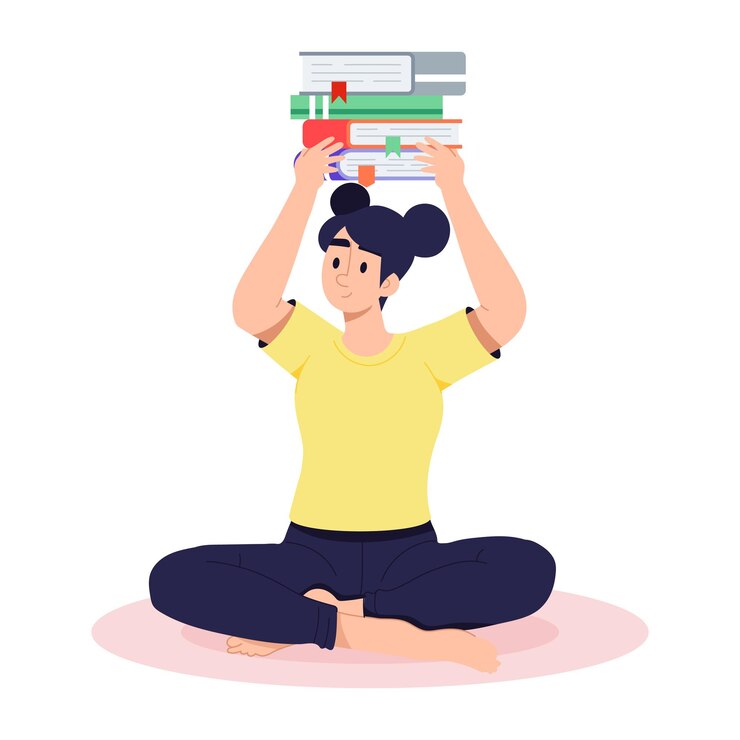 Vector niña llevando libros en la cabeza ilustración plana