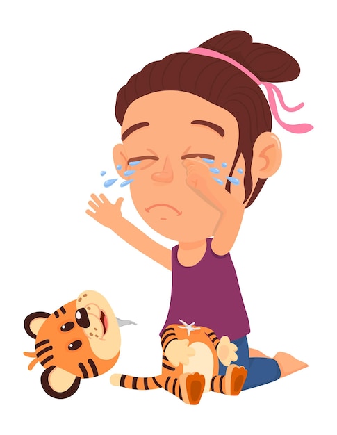 Niña llorando por un juguete roto. niño triste llorando con tigre suave desgarrado