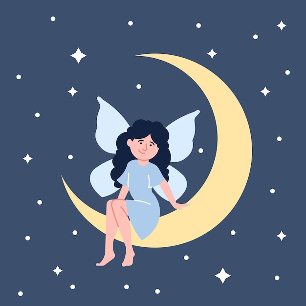 Niña en la luna Lindo niño pequeño con alas de mariposa soñando en el cielo estrellado Mágica linda dama de hadas descanso cuento de sueño nocturno infantil escena vectorial reciente