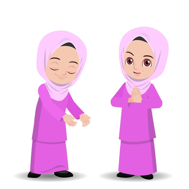 Vector niña malaya en hijab saludando a selamat hari raya