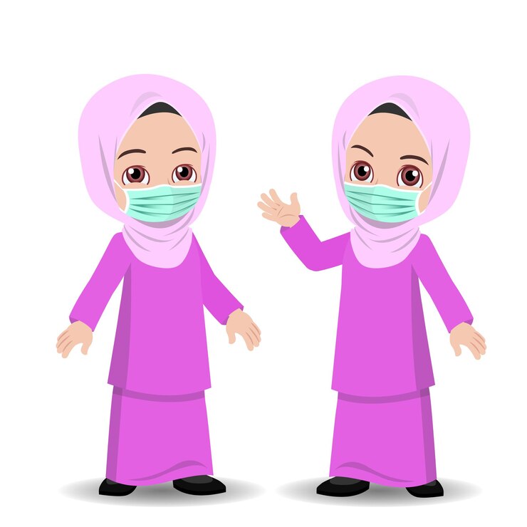 Niña malaya en hijab usa la mascarilla