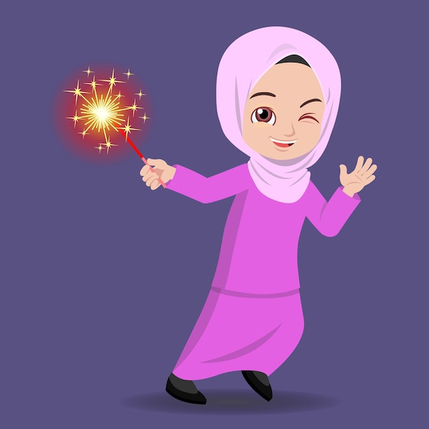 Niña malaya jugando fuegos artificiales durante Hari Raya en vestimenta tradicional