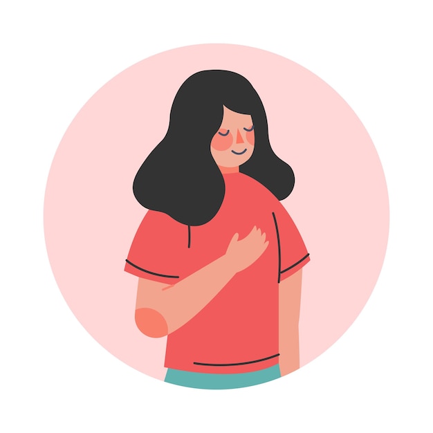 Niña manteniendo la mano en el pecho o el corazón Adolescente expresando emociones Concepto de comunicación no verbal Ilustración vectorial de dibujos animados