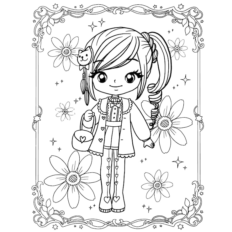 Vector una niña en un marco florido con un patrón floral.