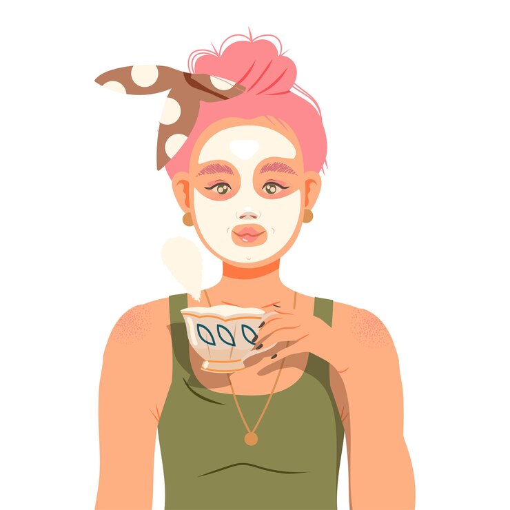 Vector niña con máscara facial cosmética aplicada bebiendo té ilustración vectorial