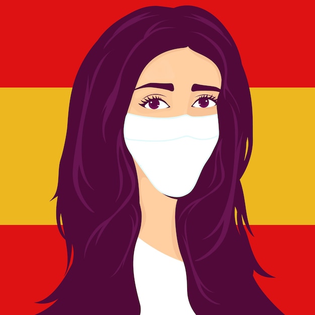 Vector una niña con una máscara frente a la bandera española detener el concepto de pandemia ilustración vectorial