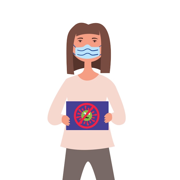 Niña con máscara médica protesta contra la bacteria del coronavirus