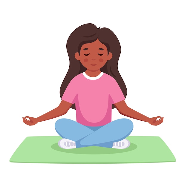 Niña meditando en posición de loto yoga y meditación para niños ilustración vectorial