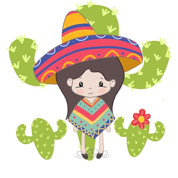 Vector una niña mexicana con cactusel niño es una niña