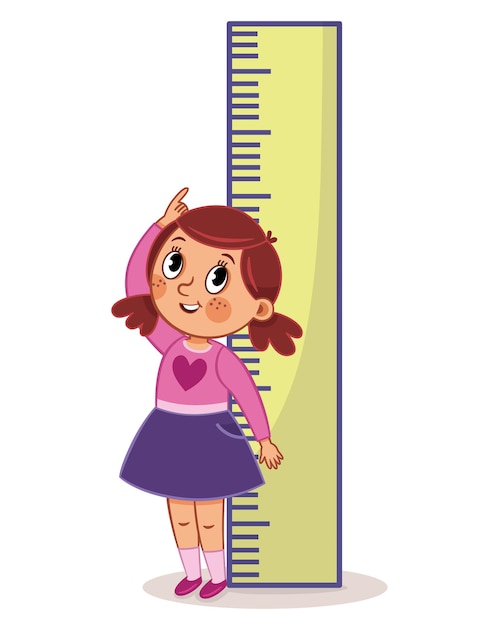 Vector una niña mide su propia altura con una gran regla ilustración vectorial