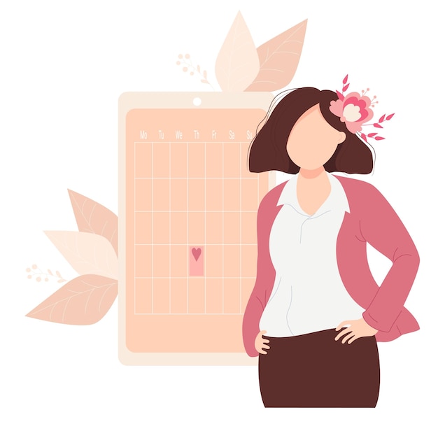 Vector la niña mira el calendario de la mujer la mujer se para cerca del calendario de la salud y la menstruación de la mujer por teléfono