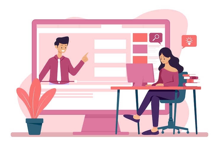 Vector una niña mira un video para aprender en línea. .